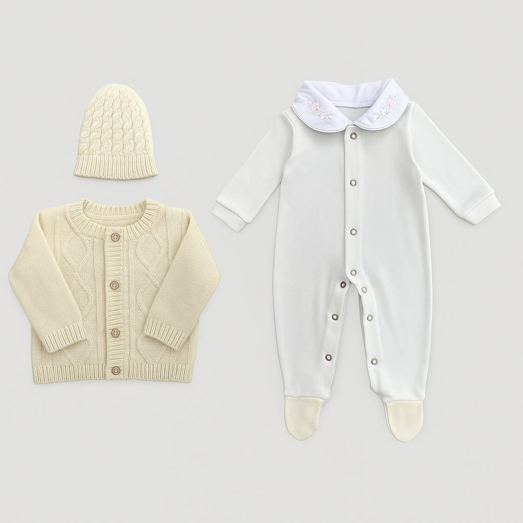 Kit Saída Maternidade 4 Peças Tricot Menina Flowers Amarelo