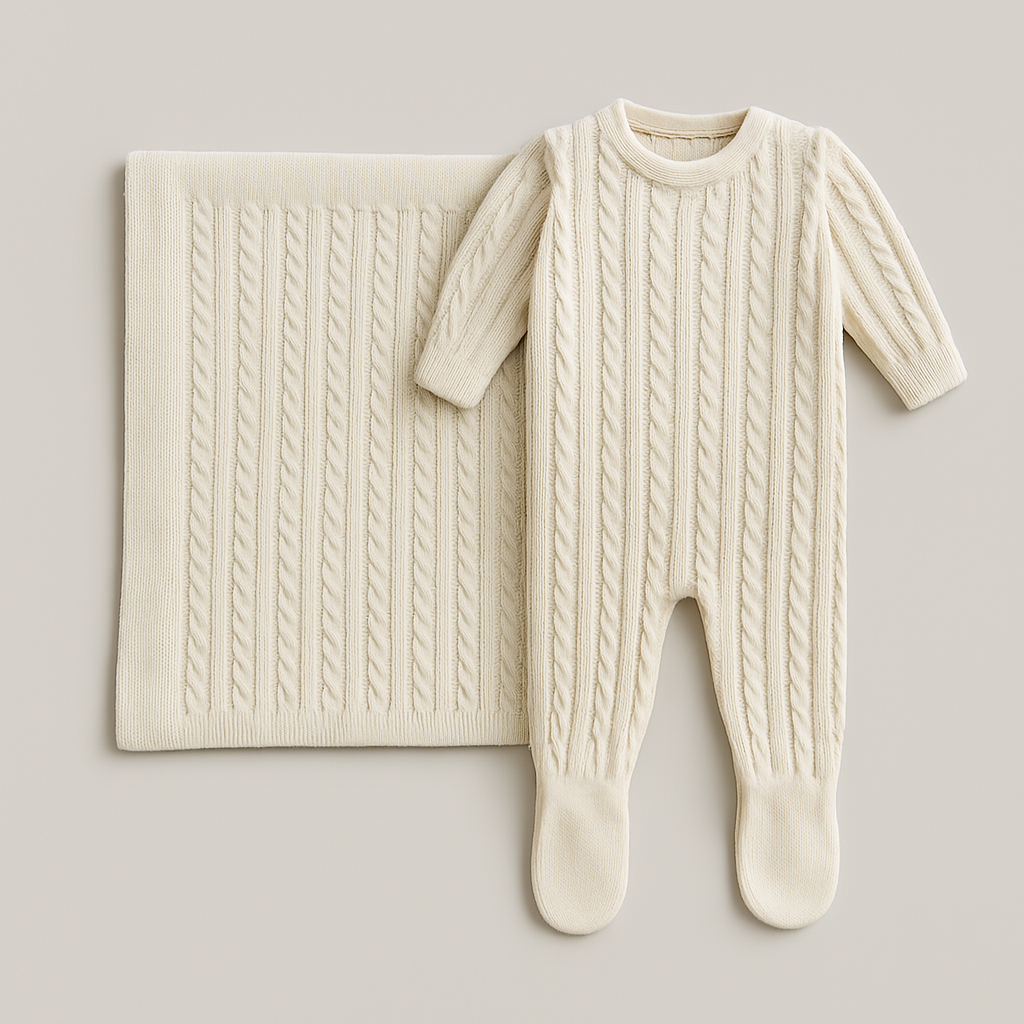 Kit Saída Maternidade 2 Peças Tricot Trançado Bege