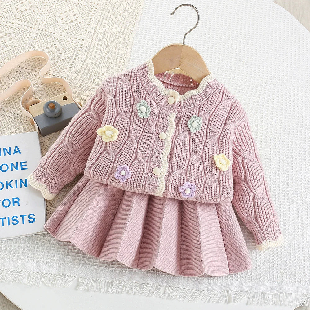 Conjunto Infantil Feminino de Tricô Florzinhas