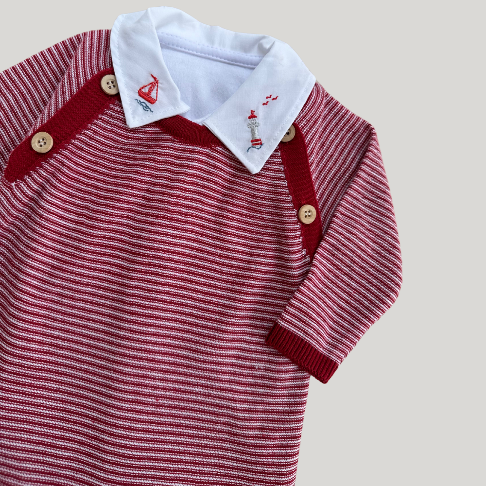 Kit Saída Maternidade Premium 4 Peças Tricot bordado Boat Listras Red