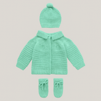 Kit 3 Peças Bebê Casaco Tricot Gorro E Luva Verde Água