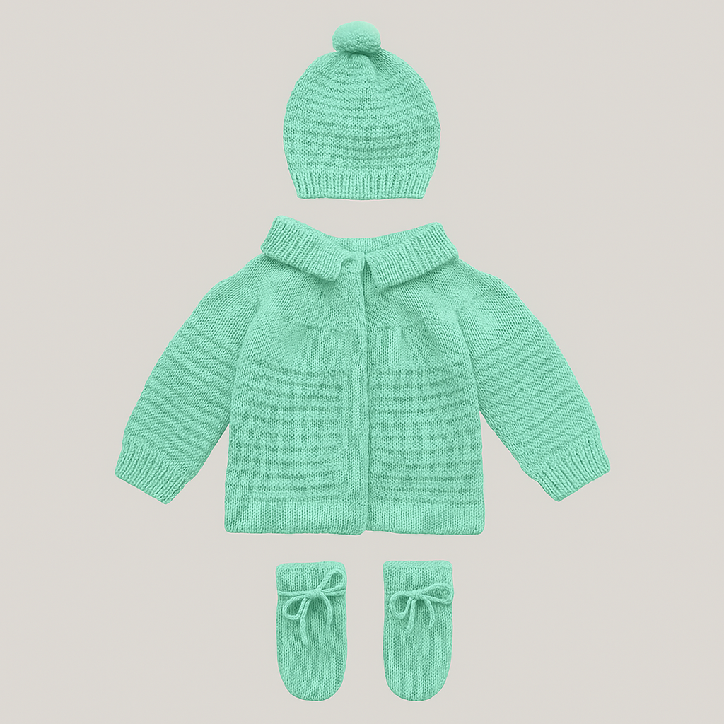 Kit 3 Peças Bebê Casaco Tricot Gorro E Luva Verde Água