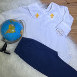 Bordado mostarda c calça marinho