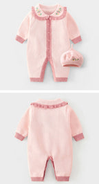 Macacão Infantil Feminino Tricô Florzinhas + Touca