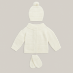 Kit 3 peças Bebê Casaco Tricot Gorro E Luva Off White