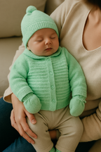 Kit 3 Peças Bebê Casaco Tricot Gorro E Luva Verde Água
