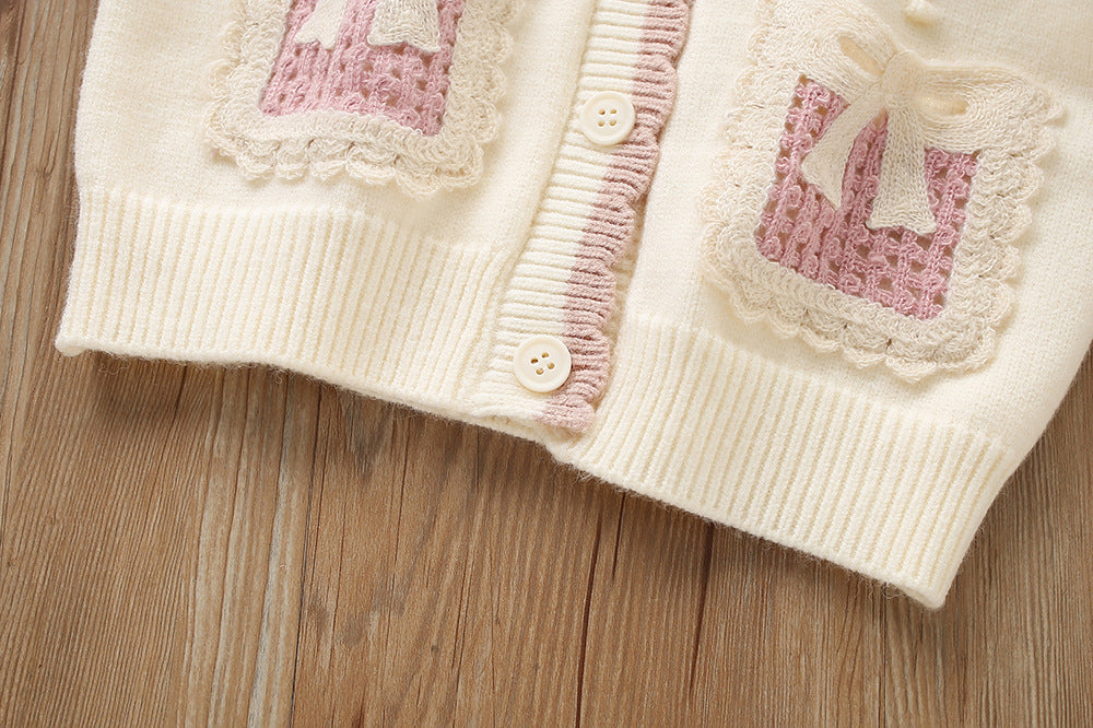 Conjunto Infantil Feminino Tricô Lacinho Plíssado