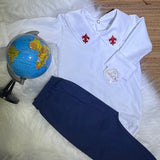 Bordado vermelho c calça marinho