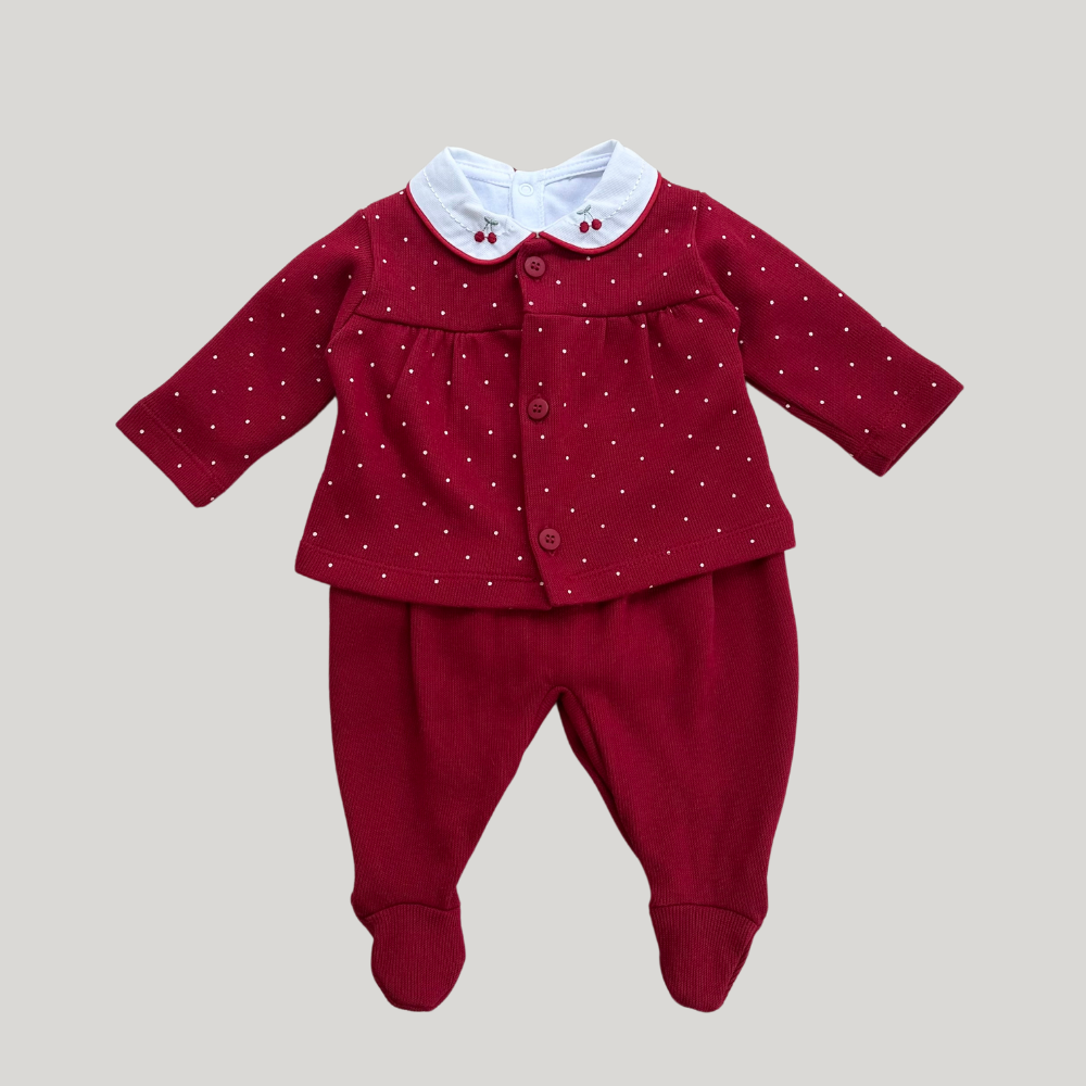 Conjunto Bebê 3 Peças Tricot Bordado Cereja Red