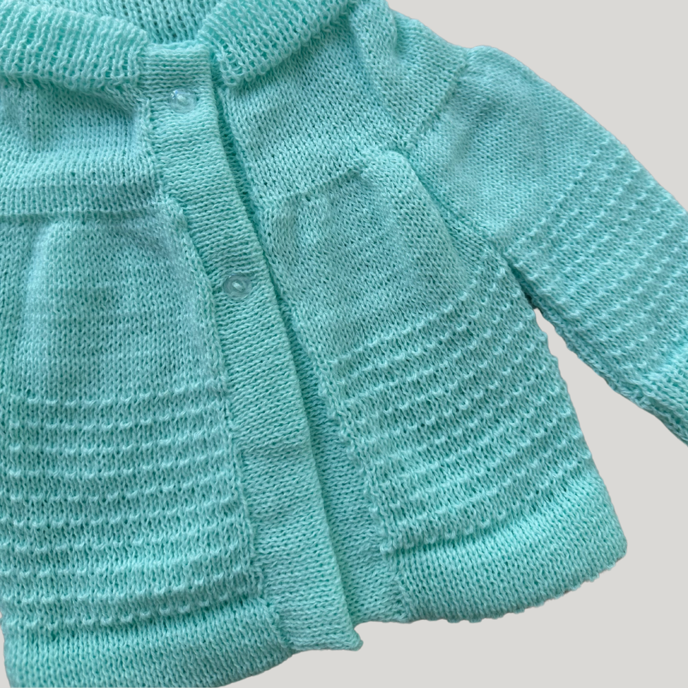 Kit 3 Peças Bebê Casaco Tricot Gorro E Luva Verde Água